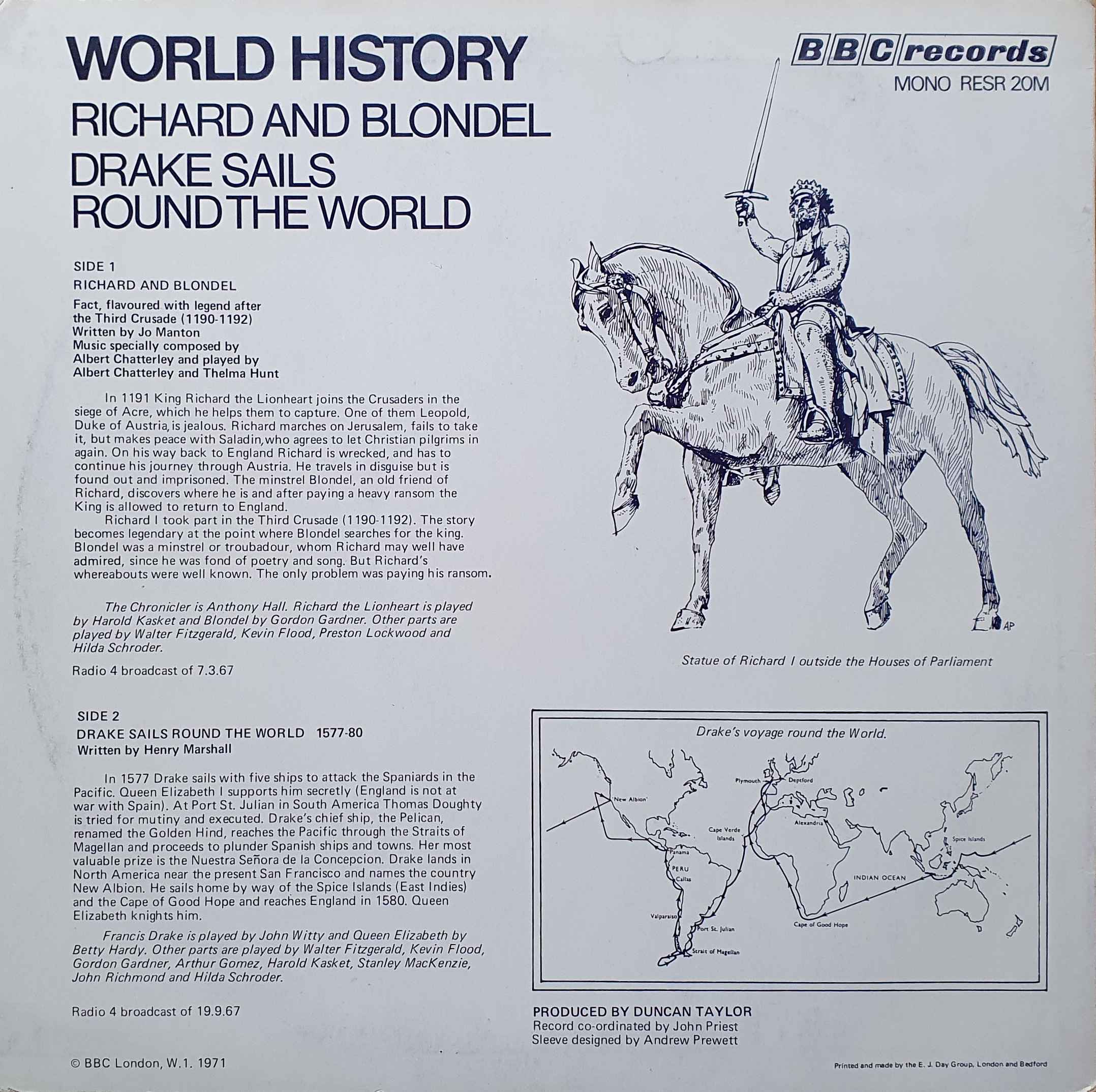 Picture of RESR 20 World History: Richard and Blondel / Drake sails the World by artist Jo Manton / Henry Marshall from the BBC records and Tapes library